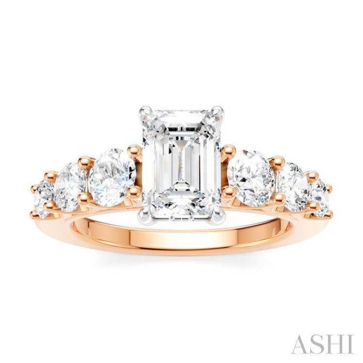 1 1/10 Ctw Emerald Shape Round Cut Diamond Semi-Mount Engagement Ring in 14K Rose and White Gold