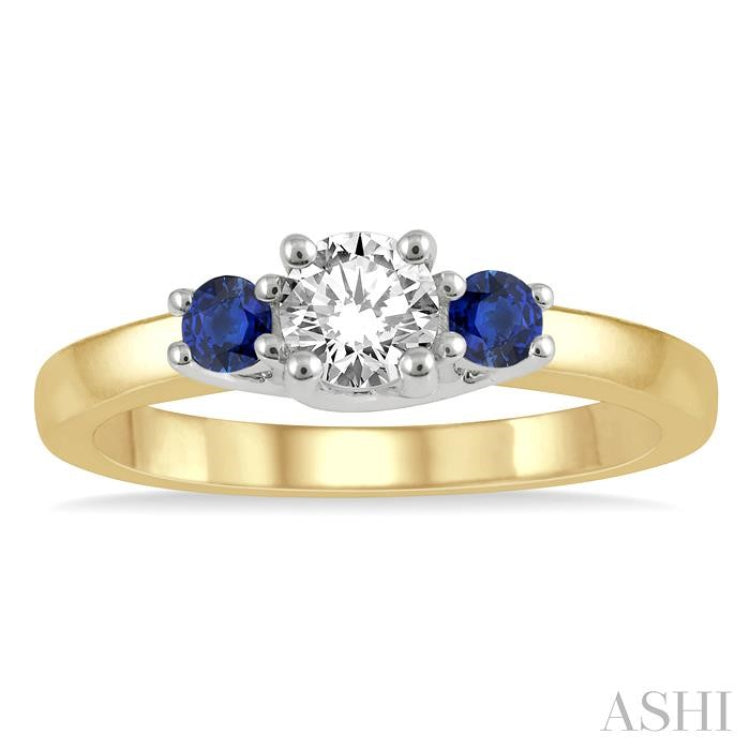 2.70 MM Round Shape Sapphire and 1/3 Ctw Past, Present and Future Round Cut Diamond Precious Ring in 14K Yellow and White Gold
