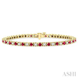 2.5 MM Ruby and 1 1/2 Ctw Round Cut Diamond Square Box Link Precious Tennis Bracelet in 14K Yellow Gold