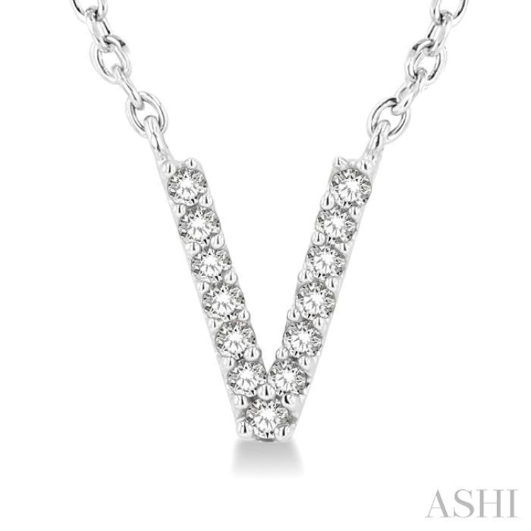 1/20 Ctw Initial 'V' Round Cut Diamond Pendant With Chain in 10K White Gold