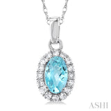5x3 MM Oval Shape Aquamarine and 1/20 Ctw Single Cut Diamond Halo Semi-Precious Pendant with Chain in 14K White Gold