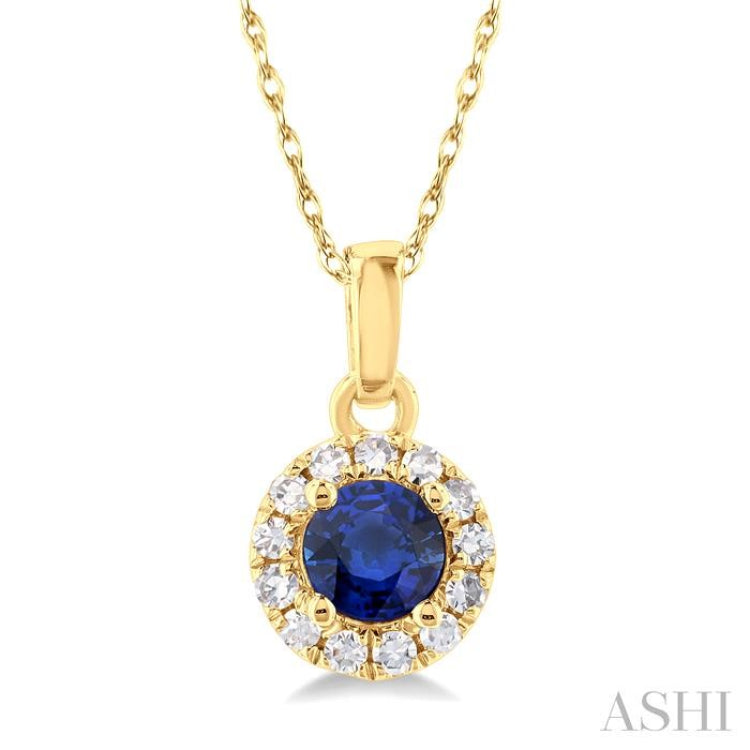 3.25 MM Round Sapphire and 1/20 Ctw Single Cut Diamond Halo Precious Pendant with Chain in 14K Yellow Gold