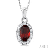 5x3 MM Oval Shape Garnet and 1/20 Ctw Single Cut Diamond Halo Semi-Precious Pendant with Chain in 14K White Gold