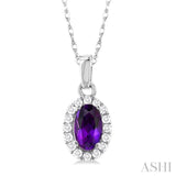 5x3 MM Oval Shape Amethyst and 1/20 Ctw Single Cut Diamond Halo Semi-Precious Pendant with Chain in 14K White Gold