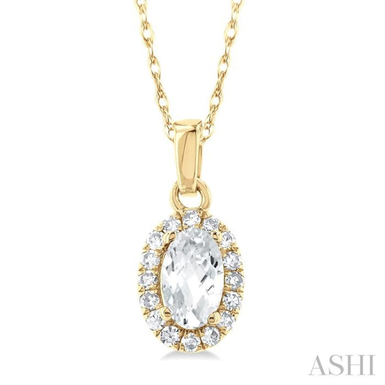 5x3 MM Oval Shape White Topaz and 1/20 Ctw Single Cut Diamond Halo Semi-Precious Pendant with Chain in 10K Yellow Gold