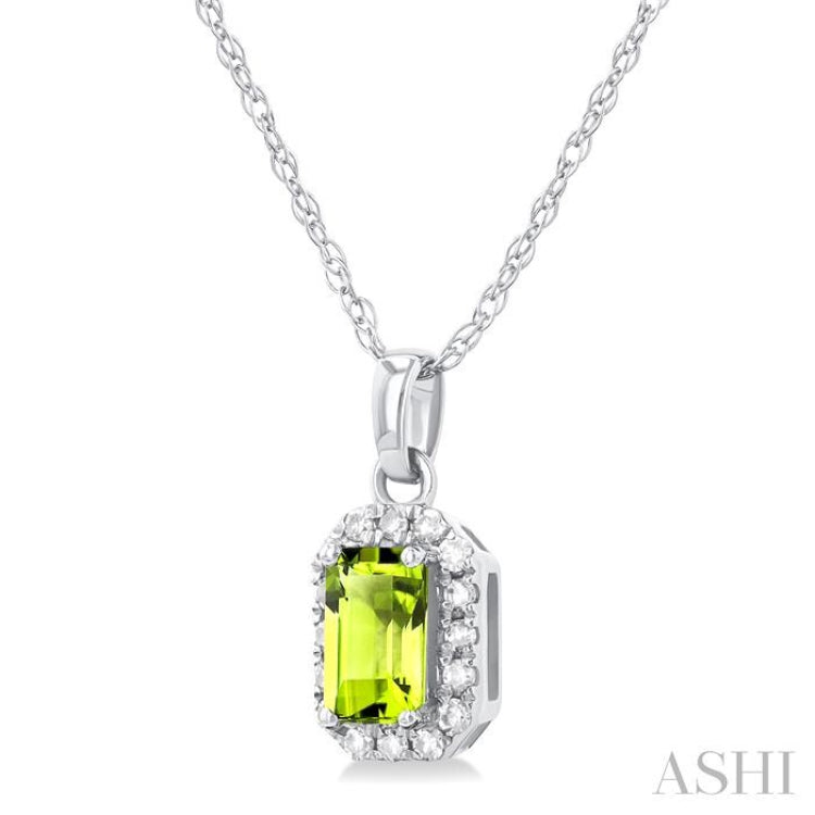 5x3 MM Octagonal Shape Peridot and 1/20 Ctw Single Cut Diamond Halo Semi-Precious Pendant with Chain in 14K White Gold