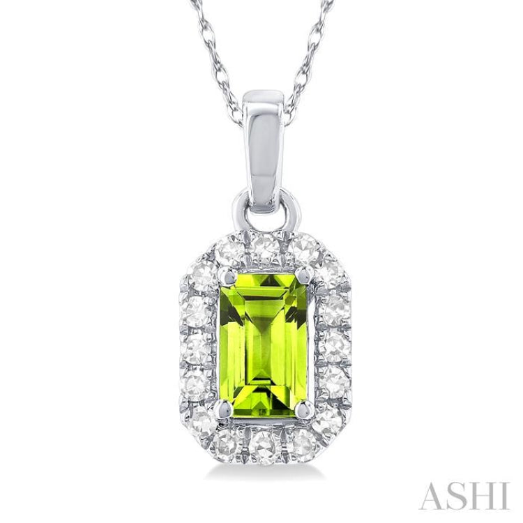 5x3 MM Octagonal Shape Peridot and 1/20 Ctw Single Cut Diamond Halo Semi-Precious Pendant with Chain in 14K White Gold