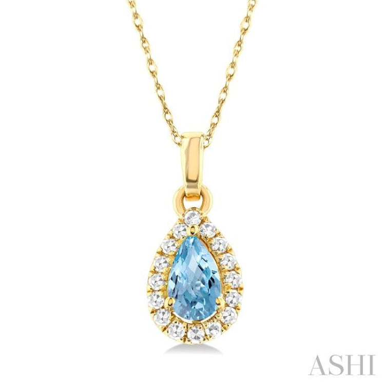 5x3 MM Pear Shape Aquamarine and 1/20 Ctw Single Cut Diamond Halo Semi-Precious Pendant with Chain in 10K Yellow Gold