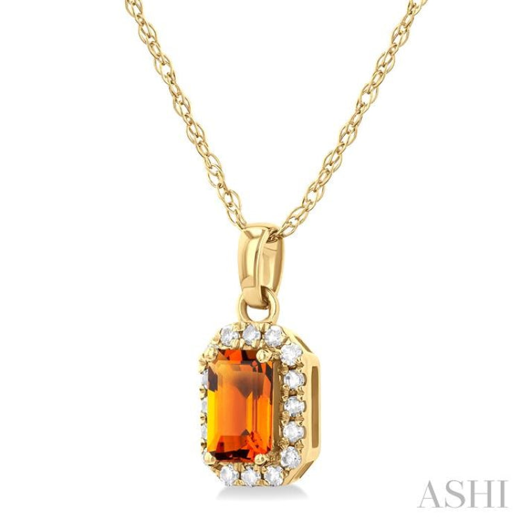 5x3 MM Octagonal Shape Citrine and 1/20 Ctw Single Cut Diamond Halo Semi-Precious Pendant with Chain in 14K Yellow Gold