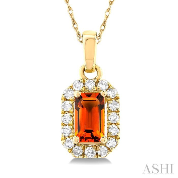 5x3 MM Octagonal Shape Citrine and 1/20 Ctw Single Cut Diamond Halo Semi-Precious Pendant with Chain in 14K Yellow Gold