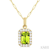 6x4 MM Octagonal Shape Peridot and 1/6 Ctw Round Cut Diamond Halo Semi-Precious Pendant with Chain in 10K Yellow Gold
