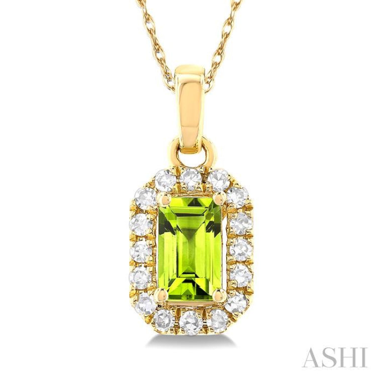 5x3 MM Octagonal Shape Peridot and 1/20 Ctw Single Cut Diamond Halo Semi-Precious Pendant with Chain in 14K Yellow Gold