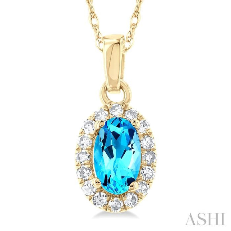 5x3 MM Oval Shape Blue Topaz and 1/20 Ctw Single Cut Diamond Halo Semi-Precious Pendant with Chain in 10K Yellow Gold