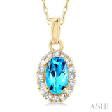 5x3 MM Oval Shape Blue Topaz and 1/20 Ctw Single Cut Diamond Halo Semi-Precious Pendant with Chain in 10K Yellow Gold