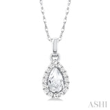 5x3 MM Pear Shape White Topaz and 1/20 Ctw Single Cut Diamond Halo Semi-Precious Pendant with Chain in 14K White Gold