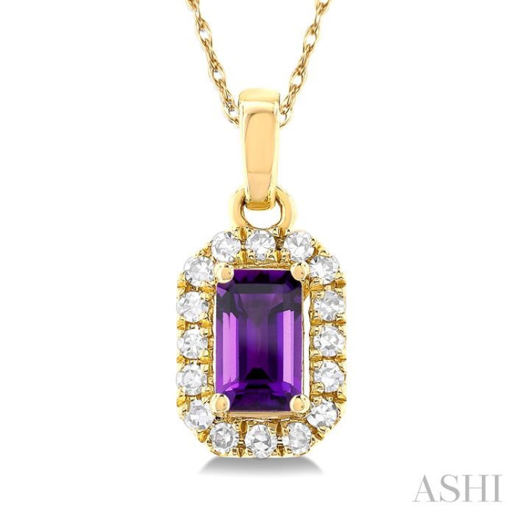 5x3 MM Octagonal Shape Amethyst and 1/20 Ctw Single Cut Diamond Halo Semi-Precious Pendant with Chain in 10K Yellow Gold