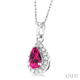 5x3 MM Pear Shape Pink Tourmaline and 1/20 Ctw Single Cut Diamond Halo Semi-Precious Pendant with Chain in 14K White Gold