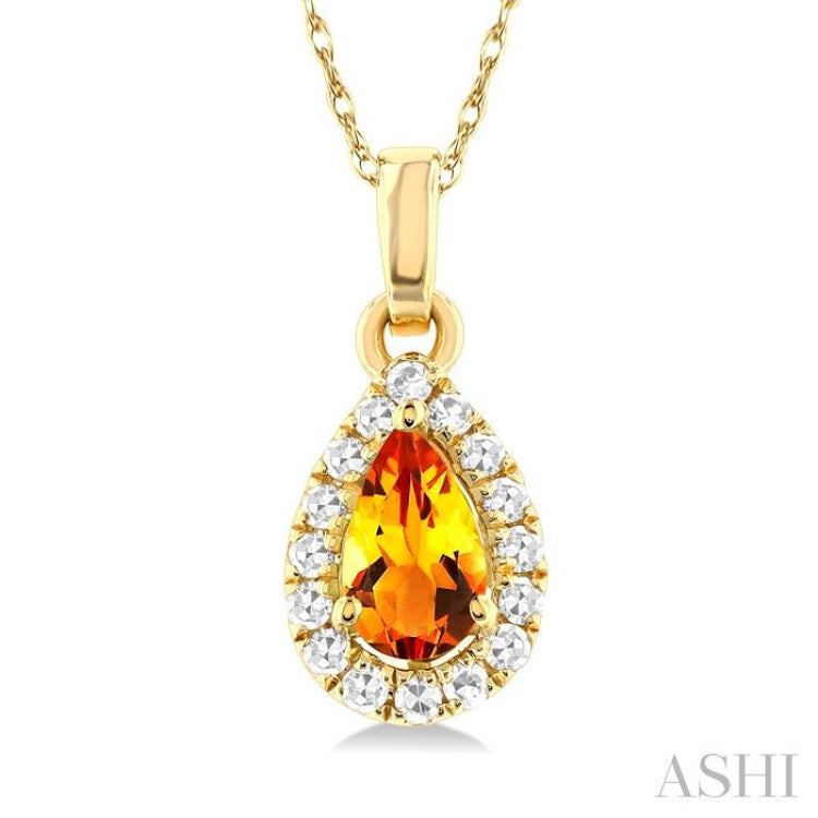 5x3 MM Pear Shape Citrine and 1/20 Ctw Single Cut Diamond Halo Semi-Precious Pendant with Chain in 14K Yellow Gold