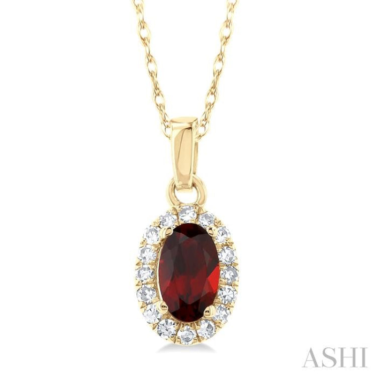 5x3 MM Oval Shape Garnet and 1/20 Ctw Single Cut Diamond Halo Semi-Precious Pendant with Chain in 14K Yellow Gold