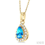 5x3 MM Pear Shape Blue Topaz and 1/20 Ctw Single Cut Diamond Halo Semi-Precious Pendant with Chain in 10K Yellow Gold