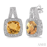 8x8 mm Cushion Cut Citrine and 1/20 ctw Single Cut Diamond Earrings in Sterling Silver