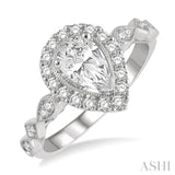 1/3 Ctw Pear Shape Carved Shank Round Cut Diamond Semi-Mount Engagement Ring in 14K White Gold