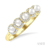 3 MM White Pearl and 1/6 Ctw Round Cut Diamond Halo Ring in 14K Yellow Gold