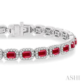 4X3 MM Emerald Cut Ruby and 2 1/5 Ctw Round Cut Diamond Halo Precious Bracelet in 14K White Gold