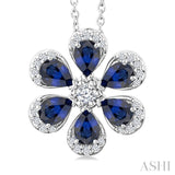 4X3 MM Floral Blossom Pear Cut Sapphire and 1/6 Ctw Round Cut Diamond Precious Pendant With Chain in 14K White Gold