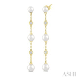 4 MM, 5 MM & 6 MM Round Shape Cultured Pearls and 1/10 Ctw Round Cut Diamond Station Long Earrings in 14K Yellow Gold