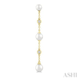 4 MM, 5 MM & 6 MM Round Shape Cultured Pearls and 1/10 Ctw Round Cut Diamond Station Long Earrings in 14K Yellow Gold