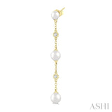 4 MM, 5 MM & 6 MM Round Shape Cultured Pearls and 1/10 Ctw Round Cut Diamond Station Long Earrings in 14K Yellow Gold