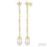 9X7 MM Marquise Link Teardrop Cultured Pearl and 1/2 Ctw Round Cut Diamond Long Earrings in 14K Yellow Gold