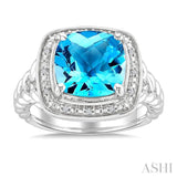 10 MM Cushion Shape Blue Topaz and 1/20 Ctw Round Cut Diamond Semi-precious Ring in Sterling Silver