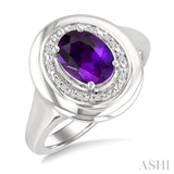 8x6 MM Oval Shape Amethyst and 1/20 Ctw Round Cut Diamond Semi-precious Ring in Sterling Silver