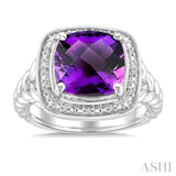 10 MM Cushion Shape Amethyst and 1/20 Ctw Round Cut Diamond Semi-precious Ring in Sterling Silver