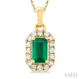 5x3 MM Octagonal Shape Emerald and 1/20 Ctw Single Cut Diamond Halo Precious Pendant with Chain in 10K Yellow Gold