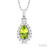 5x3 MM Pear Shape Peridot and 1/20 Ctw Single Cut Diamond Halo Semi-Precious Pendant with Chain in 10K White Gold