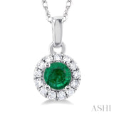 3.25 MM Round Emerald and 1/20 Ctw Single Cut Diamond Halo Precious Pendant with Chain in 10K White Gold