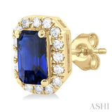 5x3 MM Octagonal Shape Sapphire and 1/8 Ctw Single Cut Diamond Halo Precious Stud Earrings in 14K Yellow Gold