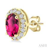 5x3 MM Oval Shape Pink Tourmaline and 1/8 Ctw Round Cut Diamond Halo Semi-Precious Stud Earrings in 10K Yellow Gold