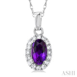 5x3 MM Oval Shape Amethyst and 1/20 Ctw Single Cut Diamond Halo Semi-Precious Pendant with Chain in 14K White Gold