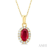 5x3 MM Oval Shape Ruby and 1/20 Ctw Single Cut Diamond Halo Precious Pendant with Chain in 14K Yellow Gold