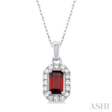 5x3 MM Octagonal Shape Garnet and 1/20 Ctw Single Cut Diamond Halo Semi-Precious Pendant with Chain in 10K White Gold