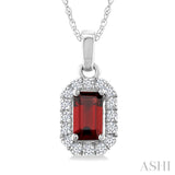 5x3 MM Octagonal Shape Garnet and 1/20 Ctw Round Cut Diamond Halo Semi-Precious Pendant with Chain in 10K White Gold