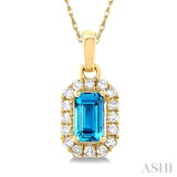 5x3 MM Octagonal Shape Blue Topaz and 1/20 Ctw Single Cut Diamond Halo Semi-Precious Pendant with Chain in 14K Yellow Gold