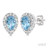 5x3 MM Pear Shape Aquamarine and 1/8 Ctw Single Cut Diamond Halo Semi-Precious Stud Earrings in 10K White Gold