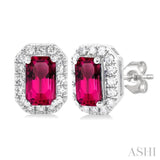 5x3 MM Octagonal Shape Pink Tourmaline and 1/8 Ctw Single Cut Diamond Halo Semi-Precious Stud Earrings in 14K White Gold