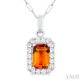 6x4 MM Octagonal Shape Citrine and 1/6 Ctw Round Cut Diamond Halo Semi-Precious Pendant with Chain in 14K White Gold