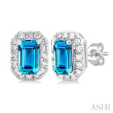 5x3 MM Octagonal Shape Blue Topaz and 1/8 Ctw Single Cut Diamond Halo Semi-Precious Stud Earrings in 10K White Gold